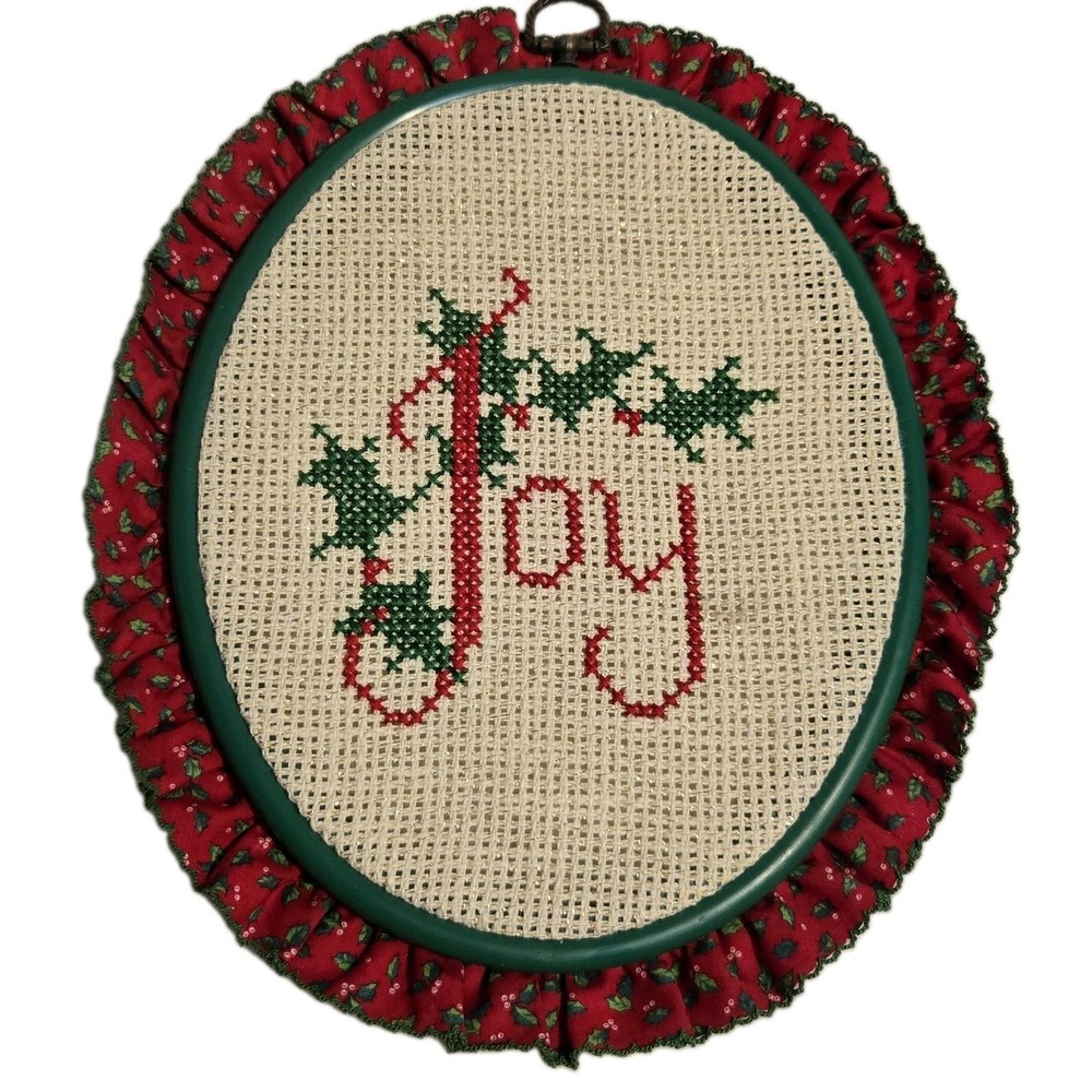 Vintage Handmadeβ Christmas Joy Cross Stitch Wall Hanging Hoop Holly Ruffle 11"